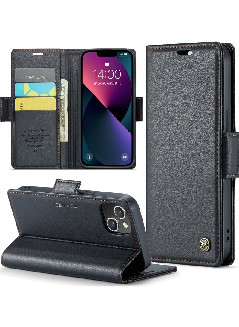 CaseMe Phone Case Luxury PU Leather Design Anti Fingerprint 023 Flip Cover Card Slot Holder Cover For Iphone 13 (Black ) - Image 2