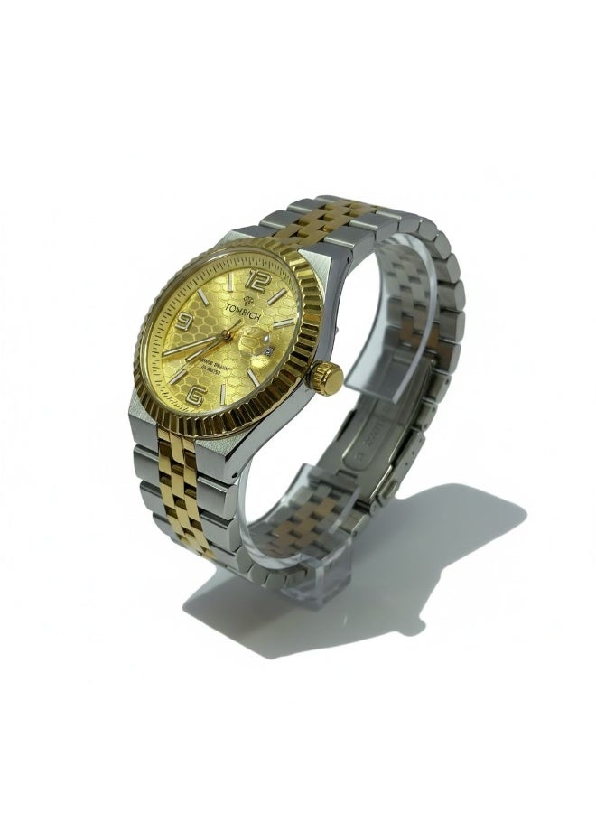 TOMRICH Royal Hive Quartz Watch for Men Gold Dial Two Tone Stainless Steel Strap Analog Wrist Watch with Date Display 30M Water Resistant - Image 3