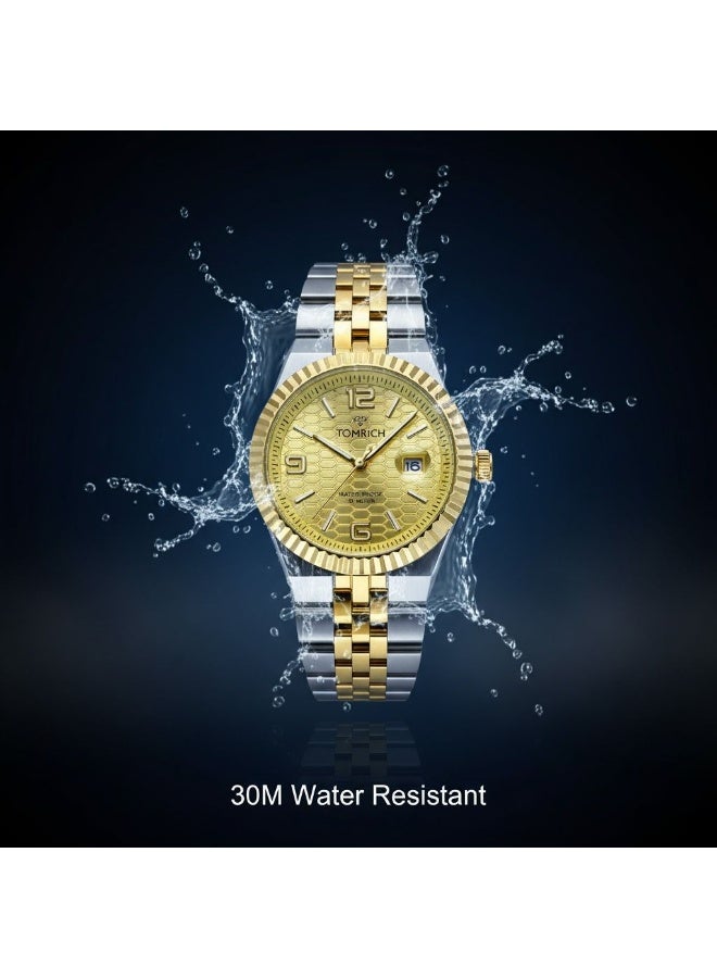 TOMRICH Royal Hive Quartz Watch for Men Gold Dial Two Tone Stainless Steel Strap Analog Wrist Watch with Date Display 30M Water Resistant - Image 4