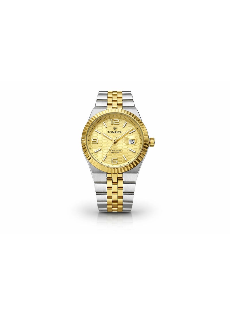 TOMRICH Royal Hive Quartz Watch for Men Gold Dial Two Tone Stainless Steel Strap Analog Wrist Watch with Date Display 30M Water Resistant - Image 2