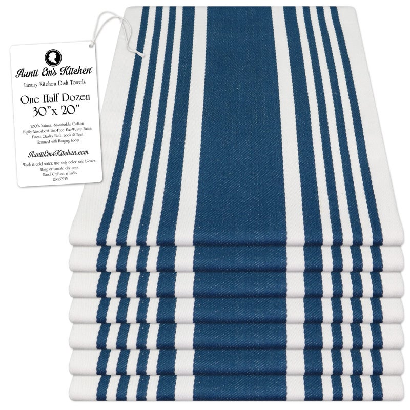 Aunti Em's Kitchen Designer Hand and Kitchen Dish Towels Woven from 100% Responsibly-Farmed, Thick, Luxurious Cotton, Oversized 20 x 30 inches, One Half Dozen, Marine Stripe - Image 1
