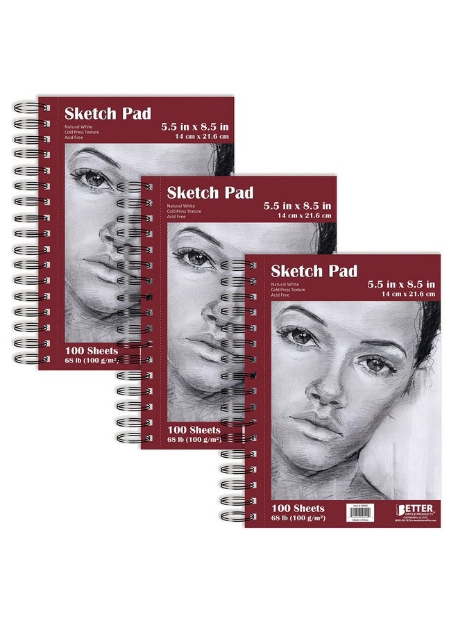 Better Office Products - 5.5" X 8.5" Sketch Paper Pads, 3 Pack, 300 Total Sheets (100 Each), 68 Lb/100Gsm Premium Paper, Spiral Bound Artist Sketch Book, Acid Free, Cold Press, Natural White - Image 1