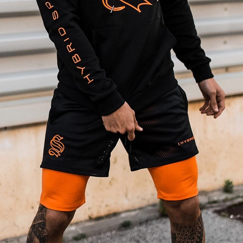 Shorts Mens Hip-Hop Summer Loose Fashion Brand Basketball Sports Beach Big Pants Training Fake Two-Piece Five-Piece Pants black orange lining 