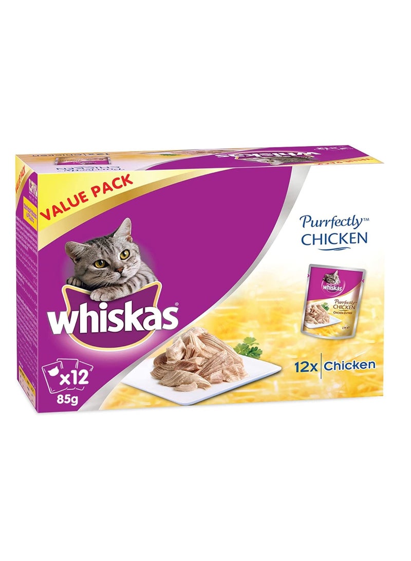 ويسكاس طعام رطب للقطط البالغة من عمر سنة فما فوق طعام دجاج مع كيس بقفل نكهة للحفاظ على الطعام طازج مصنوع من مكونات عالية الجودة لتغذية كاملة عبوة من 12 × 85 غرام