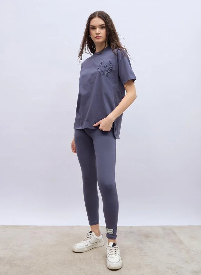 Styli Styli Embossed Detail Round Neck T-Shirt and Leggings Co-Ords