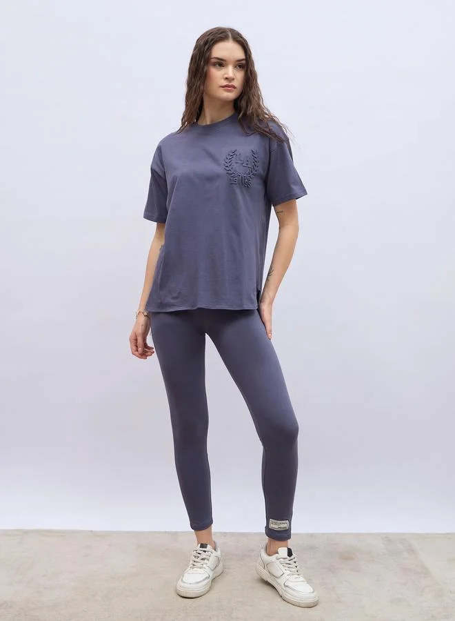 Styli Styli Embossed Detail Round Neck T-Shirt and Leggings Co-Ords