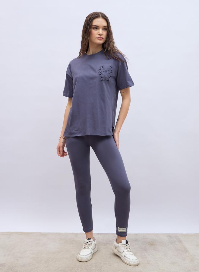 Styli Embossed Detail Round Neck T-Shirt and Leggings Co-Ords - Image 2