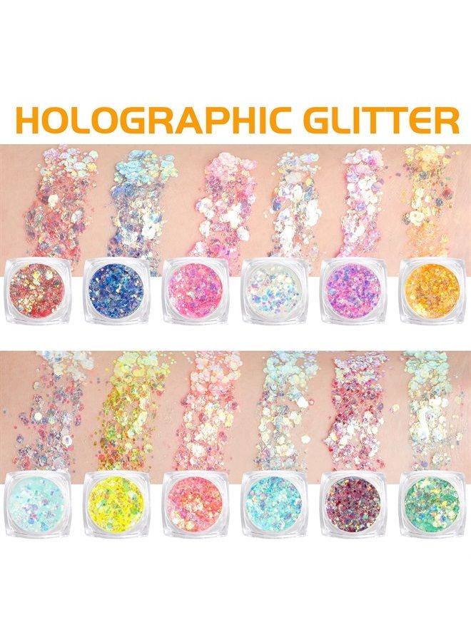 Glow in The Dark Body Face Glitter Gel for Women, 12 Colors Glitter Gel Makeup Chunky Fine Glitter, UV Black Light Glitter for Body/Face/Hair/Eyeshadow, Glitter for Carnival Party(Not Loose Glitter)