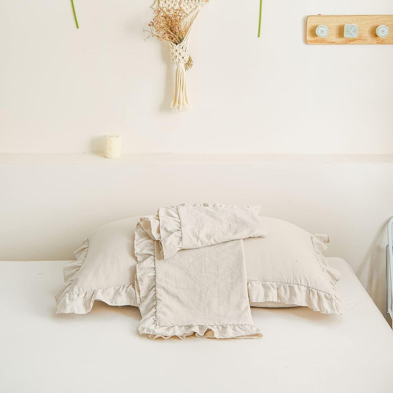 Merryword Cream Pillowcases King Pillowcases Ruffled Pillow Shams Set of 2 Cute Pillowcases Solid Ruffled Fringe Design Beige Grey Shabby Chic Pillowcases 2 Pack (King (20''x36''), Beige Grey) - Image 5