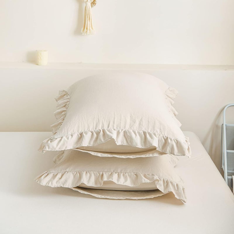 Merryword Cream Pillowcases King Pillowcases Ruffled Pillow Shams Set of 2 Cute Pillowcases Solid Ruffled Fringe Design Beige Grey Shabby Chic Pillowcases 2 Pack (King (20''x36''), Beige Grey) - Image 3