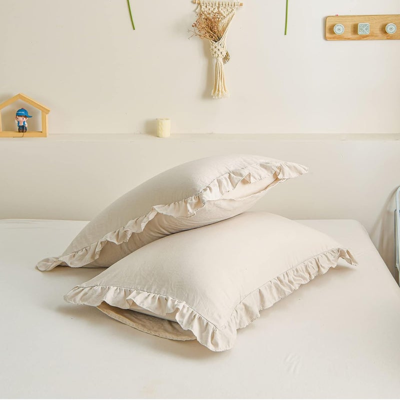 Merryword Cream Pillowcases King Pillowcases Ruffled Pillow Shams Set of 2 Cute Pillowcases Solid Ruffled Fringe Design Beige Grey Shabby Chic Pillowcases 2 Pack (King (20''x36''), Beige Grey) - Image 2