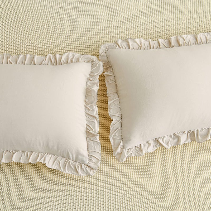 Merryword Cream Pillowcases King Pillowcases Ruffled Pillow Shams Set of 2 Cute Pillowcases Solid Ruffled Fringe Design Beige Grey Shabby Chic Pillowcases 2 Pack (King (20''x36''), Beige Grey) - Image 4