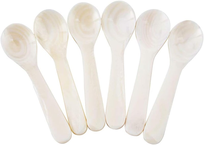 DUEBEL Set of 6 White Mother of Pearl MOP Caviar Spoons for Caviar, Egg, Icecream, Coffee Serving (White, 11x2.5cm) - Image 1