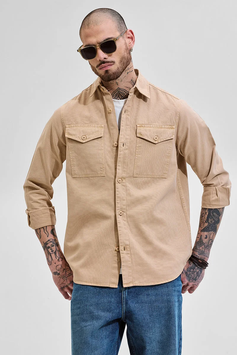 سنيتش Beige Solid Long Sleeve Relaxed Casual Shirt