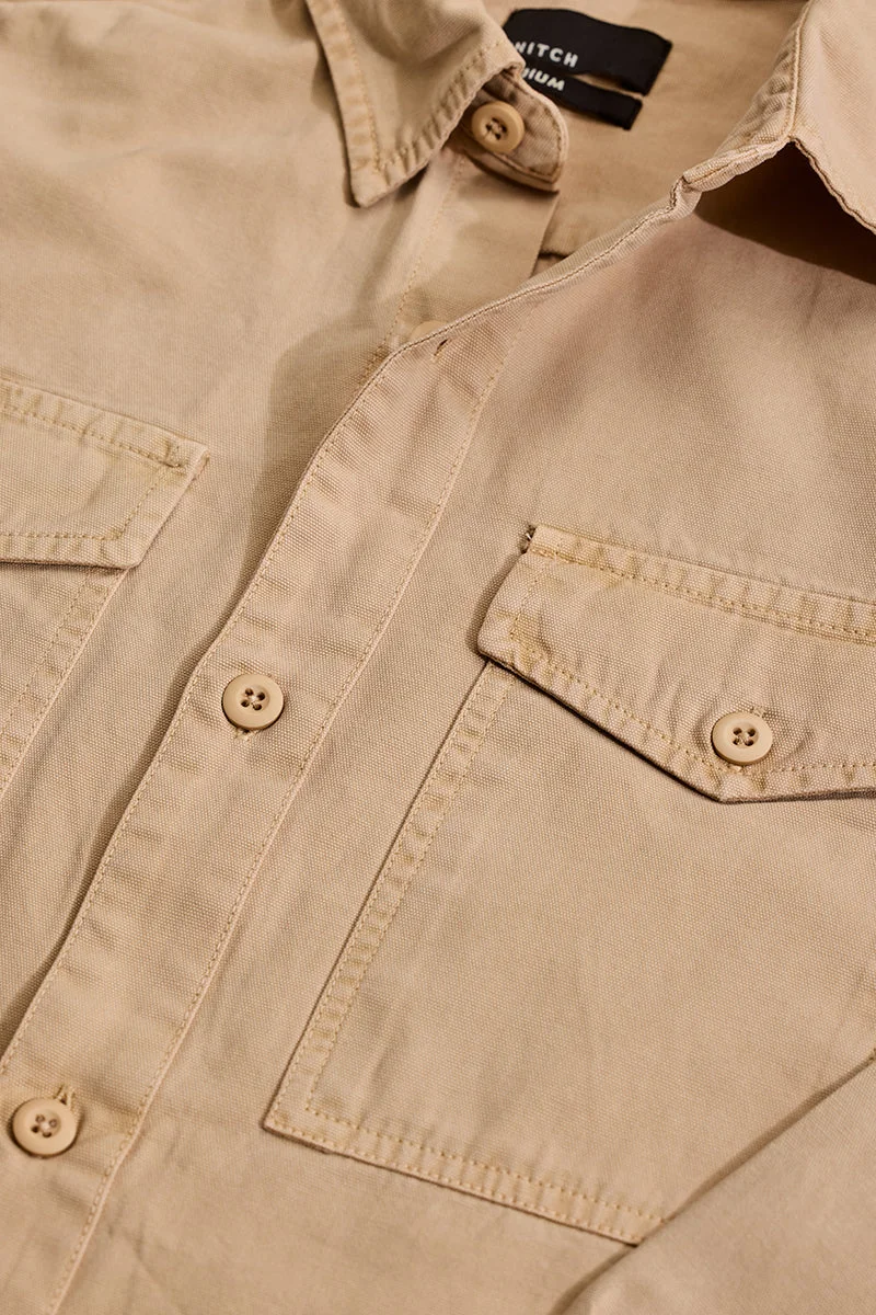 سنيتش Beige Solid Long Sleeve Relaxed Casual Shirt