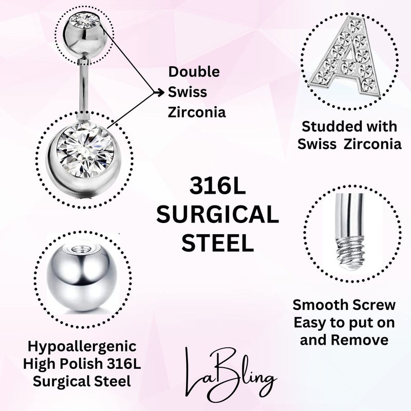 LaBling Initial Dangle Belly Button Rings | Embellished with CZ Crystals in Silver Letters A to Z | Ideal for Navel Piercings Belly Piercings - Image 5