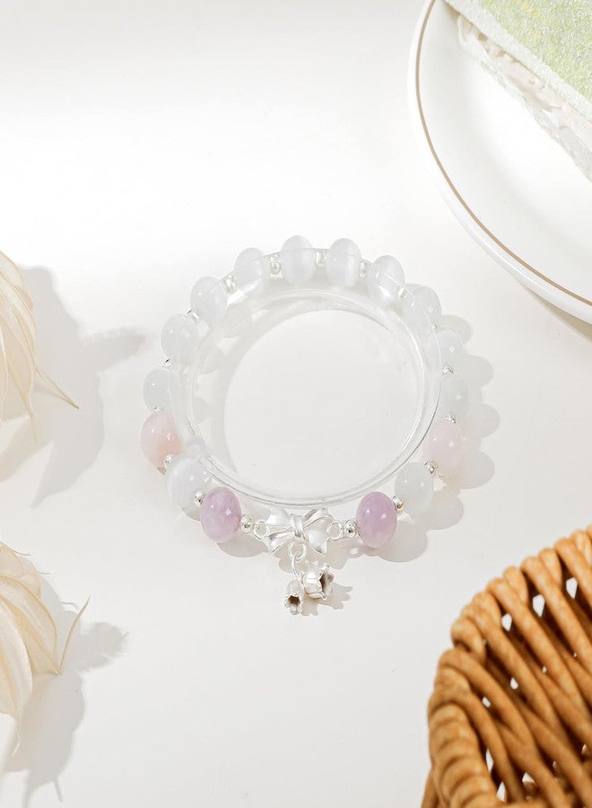 Moslovstar Natural Cat Eye Bracelet with Dainty Bow Flower Charm Handmade Jewelry Gift for Meditation Yoga Spiritual Healing 8mm Round Beads - Image 2