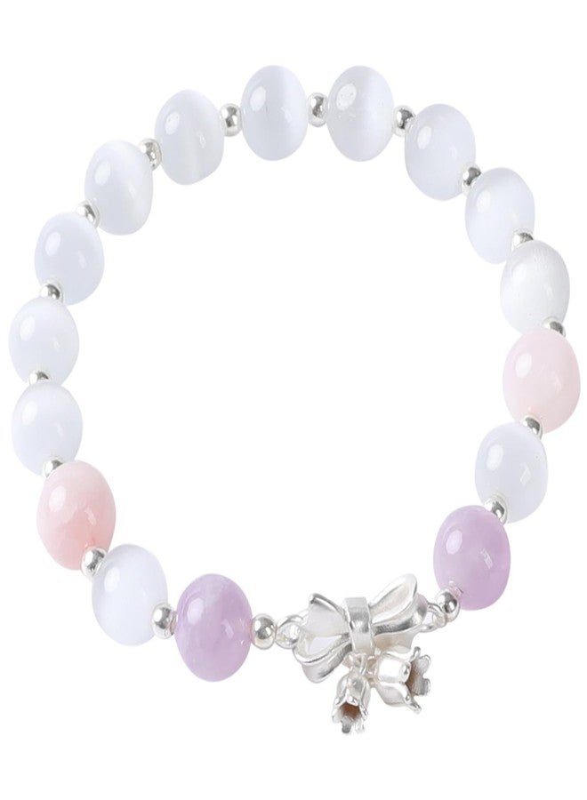 Moslovstar Natural Cat Eye Bracelet with Dainty Bow Flower Charm Handmade Jewelry Gift for Meditation Yoga Spiritual Healing 8mm Round Beads - Image 1