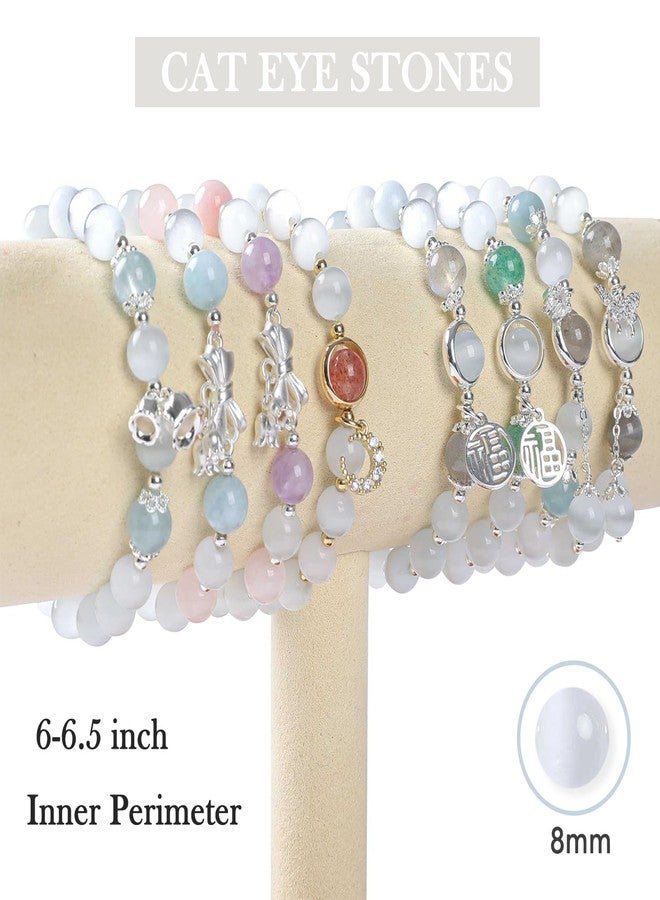 Moslovstar Natural Cat Eye Bracelet with Dainty Bow Flower Charm Handmade Jewelry Gift for Meditation Yoga Spiritual Healing 8mm Round Beads - Image 3