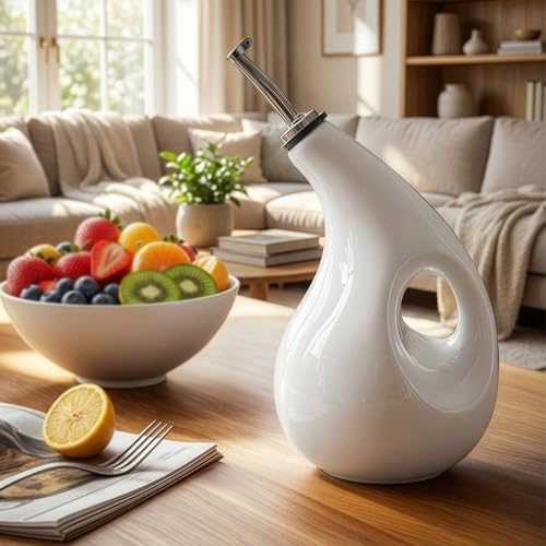 Decor & More - Ceramic Oil Dispenser 500 ML | Oil Container for Kitchen Decor | Oil Dispenser with Adjustable Removal Stainless Steel Lid for kitchen storage | White set of 1 - Image 1