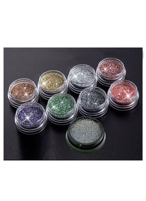 8 Colors Nail Art Palette Glitter Nail Powder and 1 Box of Transparent Magic Blister Beads Nail Art Jewelry
