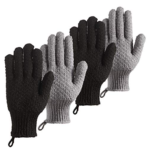 CLEEDY Bath Exfoliating Gloves - 4 Pcs Lengthened and Large Scrubbing Gloves for Shower, Spa, Massage - Scrub Mitts for Body, Face, Hand and Foot (Black and Gray) - Image 1