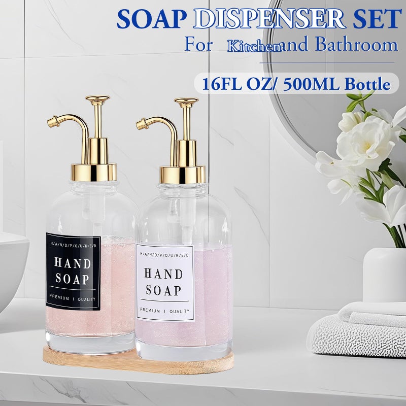KSITEX Dish and Hand Soap Dispenser for Kitchen,Glass Soap Dispenser with Pump,Tray,Funnel, Set of 2 Countertop Soap and Lotion Dispenser for Bathroom,Shower,500ml/16.9oz,with 60 Stickers - Image 3