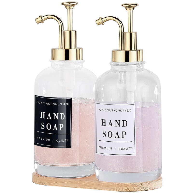 KSITEX Dish and Hand Soap Dispenser for Kitchen,Glass Soap Dispenser with Pump,Tray,Funnel, Set of 2 Countertop Soap and Lotion Dispenser for Bathroom,Shower,500ml/16.9oz,with 60 Stickers - Image 1