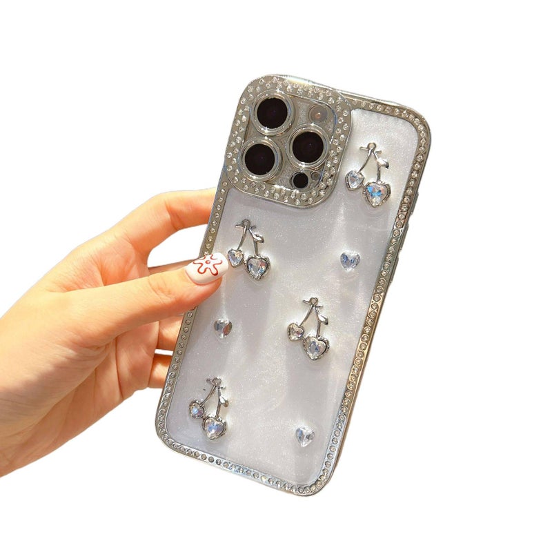 MS غطاء واقي بسيليكون لـ iPhone 16 / 16 Plus / 16 Pro / 16 Pro Max مع فضي مطلي بالكهرباء وكرز الحب الماسي مع مقاوم للصدمات مع حماية من السقوط مع تشطيب راتنج باللون Electroplated Silv. - Image 3