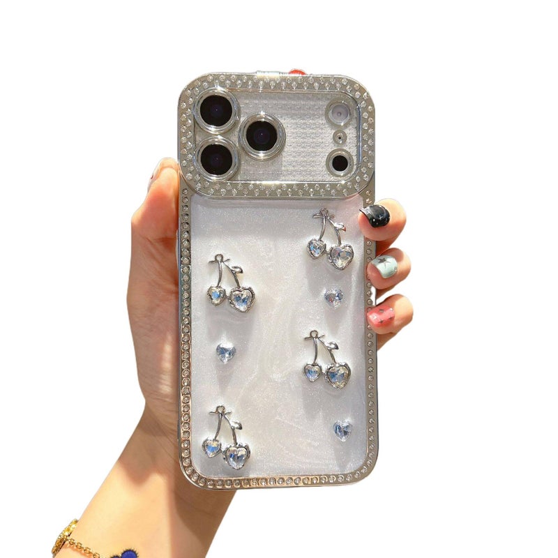 MS غطاء واقي بسيليكون لـ iPhone 16 / 16 Plus / 16 Pro / 16 Pro Max مع فضي مطلي بالكهرباء وكرز الحب الماسي مع مقاوم للصدمات مع حماية من السقوط مع تشطيب راتنج باللون Electroplated Silv. - Image 1
