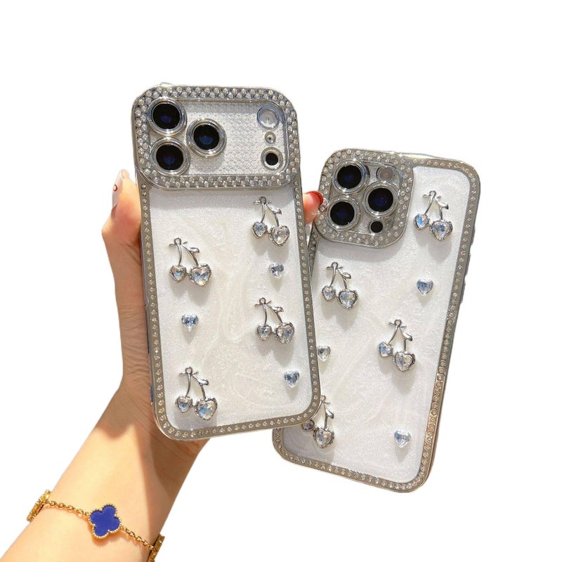 MS غطاء واقي بسيليكون لـ iPhone 16 / 16 Plus / 16 Pro / 16 Pro Max مع فضي مطلي بالكهرباء وكرز الحب الماسي مع مقاوم للصدمات مع حماية من السقوط مع تشطيب راتنج باللون Electroplated Silv. - Image 2