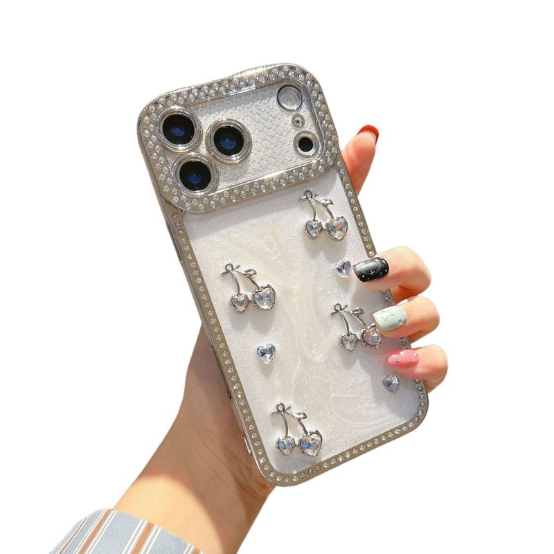 MS غطاء واقي بسيليكون لـ iPhone 16 / 16 Plus / 16 Pro / 16 Pro Max مع فضي مطلي بالكهرباء وكرز الحب الماسي مع مقاوم للصدمات مع حماية من السقوط مع تشطيب راتنج باللون Electroplated Silv. - Image 4