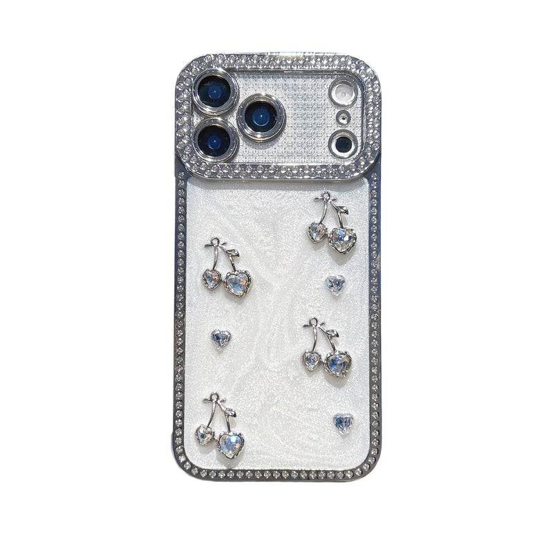 MS غطاء واقي بسيليكون لـ iPhone 16 / 16 Plus / 16 Pro / 16 Pro Max مع فضي مطلي بالكهرباء وكرز الحب الماسي مع مقاوم للصدمات مع حماية من السقوط مع تشطيب راتنج باللون Electroplated Silv. - Image 5