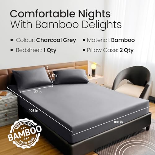 Mush 100% Bamboo King Size Bedsheet with 2 Pillow Covers | 100x108 in | 300 TC Bedsheet for Double Bed King Size | Ultra Soft, Natural Breathable & Cooling Double Bed Luxury Sheets | Charcoal - Image 5