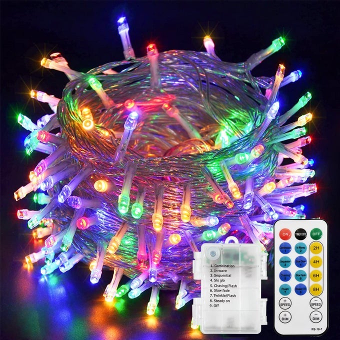 CHRISTMAS STRING LIGHTS 100 LEDS OUTDOOR LED FAIRY STRING LIGHTS BATTERY OPERATED WITH REMOTE BUTTON CELLDIMMABLE TIMER 8 MODES MULTICOLOR