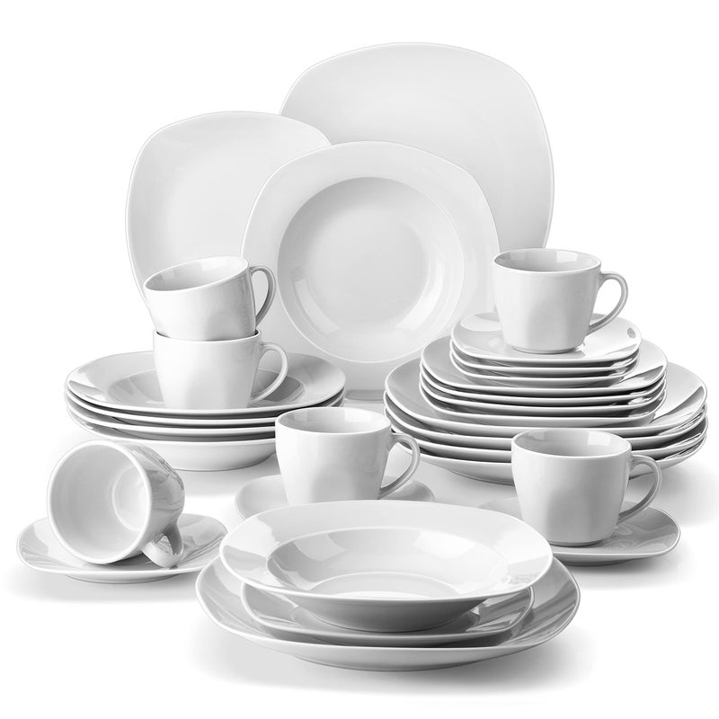 MALACASA 30 Piece Porcelain Dinnerware Set Grey White Dish Set for 6 Square Ceramic Dishware Sets Chip and Scratch Resistant Plates and Bowls Sets Cups and Saucers Series ELISA