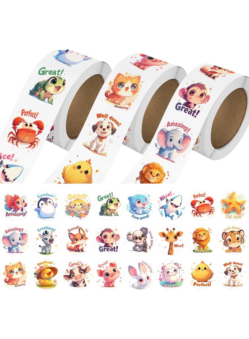 3 لفات من ملصقات الحيوانات للأطفال، 1500 قطعة ملصقات للأطفال بالجملة للأطفال من سن 2-4 سنوات، 24 تصميمًا للمزرعة/المحيط/الحياة البرية، ملصقات لطيفة مع كلمات تحفيزية لمكافأة الأطفال، مستلزمات مدرسية (1.0 بوصة) - Image 1