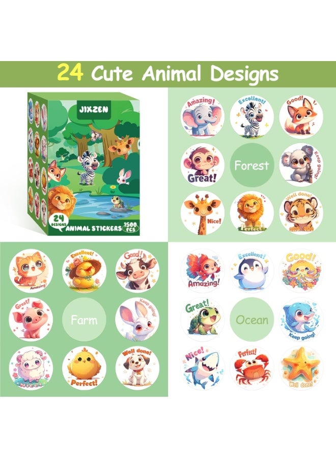 3 لفات من ملصقات الحيوانات للأطفال، 1500 قطعة ملصقات للأطفال بالجملة للأطفال من سن 2-4 سنوات، 24 تصميمًا للمزرعة/المحيط/الحياة البرية، ملصقات لطيفة مع كلمات تحفيزية لمكافأة الأطفال، مستلزمات مدرسية (1.0 بوصة) - Image 2