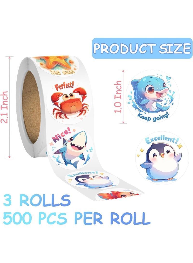 3 لفات من ملصقات الحيوانات للأطفال، 1500 قطعة ملصقات للأطفال بالجملة للأطفال من سن 2-4 سنوات، 24 تصميمًا للمزرعة/المحيط/الحياة البرية، ملصقات لطيفة مع كلمات تحفيزية لمكافأة الأطفال، مستلزمات مدرسية (1.0 بوصة) - Image 3