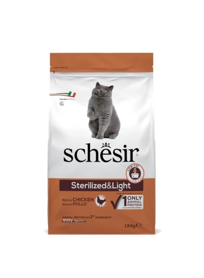 شيسر Schesir طعام جاف للقطط المعقمة واللايت بالدجاج 1.5 كجم - Image 1