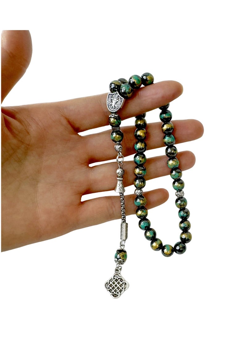 Fabienne Prayer Beads 33 Natural Stone Hematite Dhikr Tasbih 8mm with Box and Metallic Tassel Ideal for Gift Ramadan Eid Green/Gold/Black  - Image 2