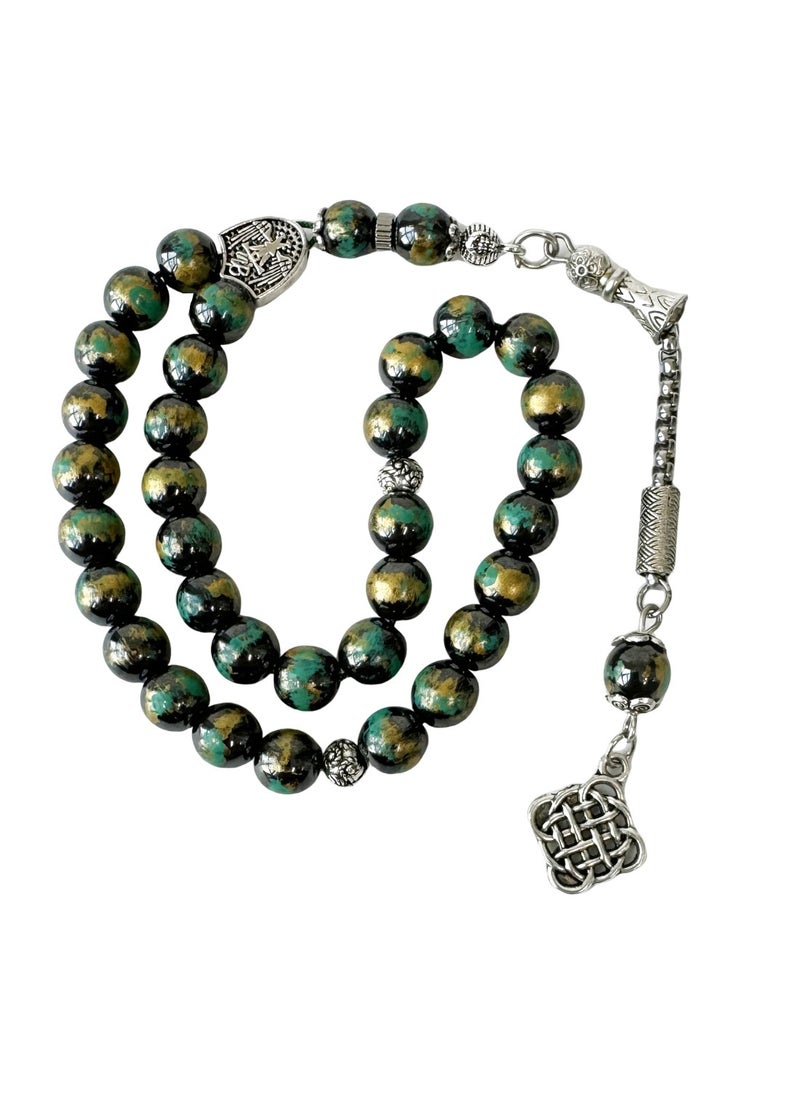 Fabienne Prayer Beads 33 Natural Stone Hematite Dhikr Tasbih 8mm with Box and Metallic Tassel Ideal for Gift Ramadan Eid Green/Gold/Black  - Image 3