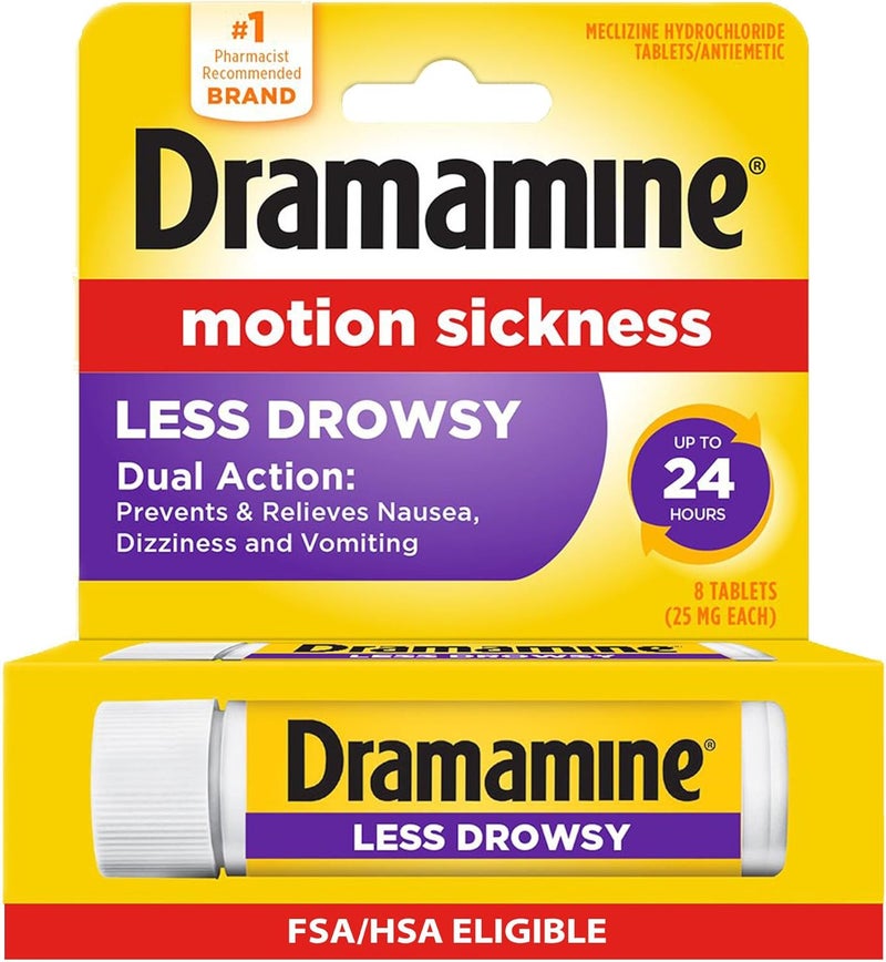 Dramamine أقراص درامامين لعلاج دوار الحركة أقل نعاس، زجاجة سفر، متعددة الألوان، 8 حبة - Image 1