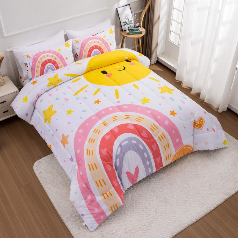 Btargot Lightweight Soft 3 Piece Rainbow Comforter Set with 2 Pillow Covers, Cartoon Love Hearts Flowers and Sun Star Bedding Set for Girls Boys Kids, Full Pink - Image 2