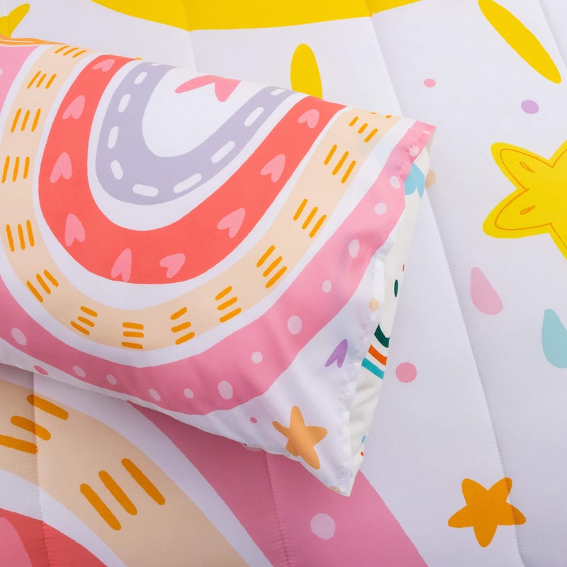 Btargot Lightweight Soft 3 Piece Rainbow Comforter Set with 2 Pillow Covers, Cartoon Love Hearts Flowers and Sun Star Bedding Set for Girls Boys Kids, Full Pink - Image 5
