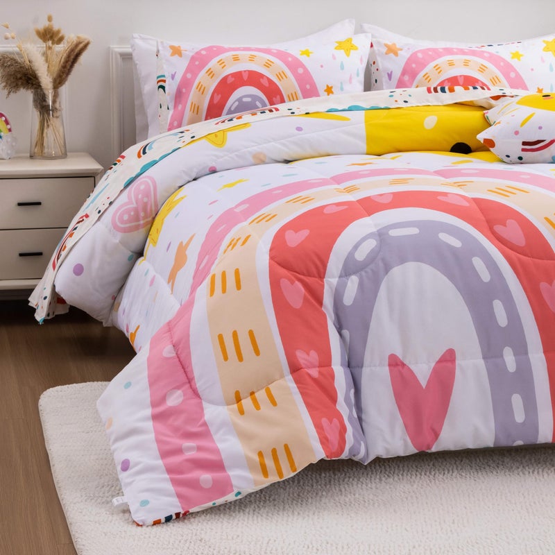 Btargot Lightweight Soft 3 Piece Rainbow Comforter Set with 2 Pillow Covers, Cartoon Love Hearts Flowers and Sun Star Bedding Set for Girls Boys Kids, Full Pink - Image 4
