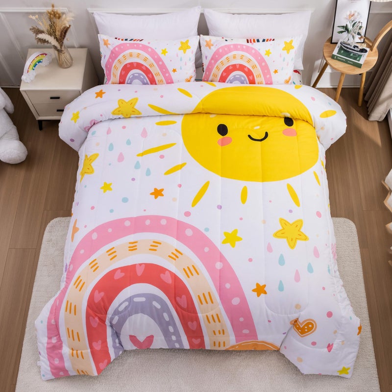Btargot Lightweight Soft 3 Piece Rainbow Comforter Set with 2 Pillow Covers, Cartoon Love Hearts Flowers and Sun Star Bedding Set for Girls Boys Kids, Full Pink - Image 1