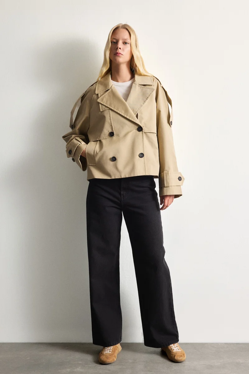 Defacto  Relaxed Fit Short Double-Breasted Trench Coat for Women | Best Price UAE