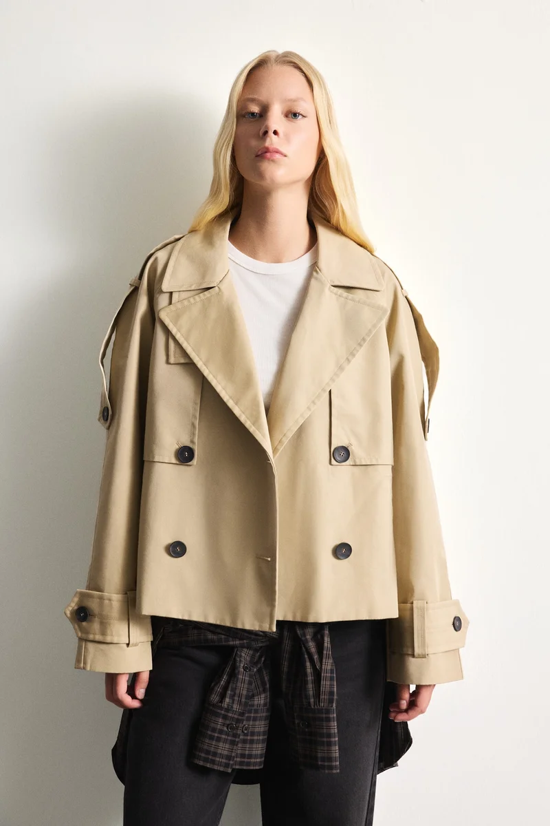 Defacto  Relaxed Fit Short Double-Breasted Trench Coat for Women | Best Price UAE