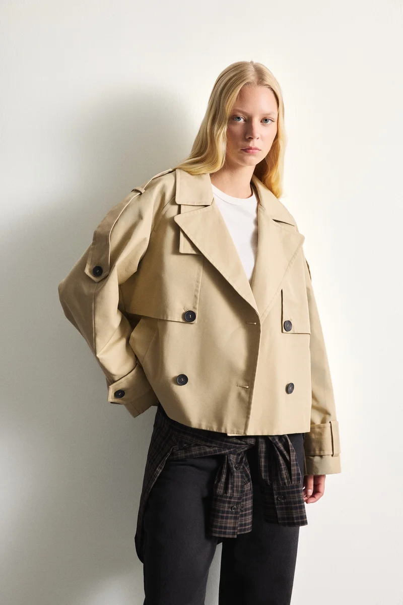 Defacto  Relaxed Fit Short Double-Breasted Trench Coat for Women | Best Price UAE